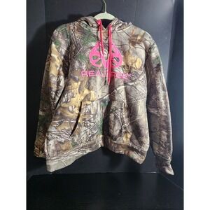 Real Tree Camo Hoodie Pink Logo Pullover Sweatshirt Girls L G 12 14 Fleece Lined
